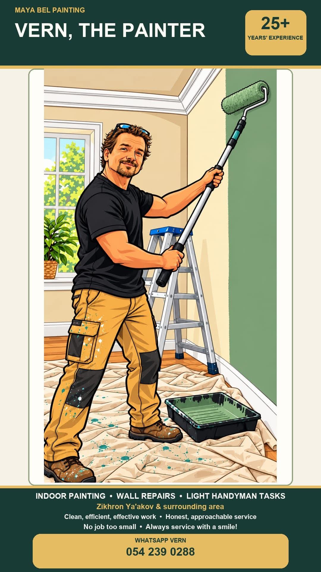 Illustration of Vern painting a room with a roller